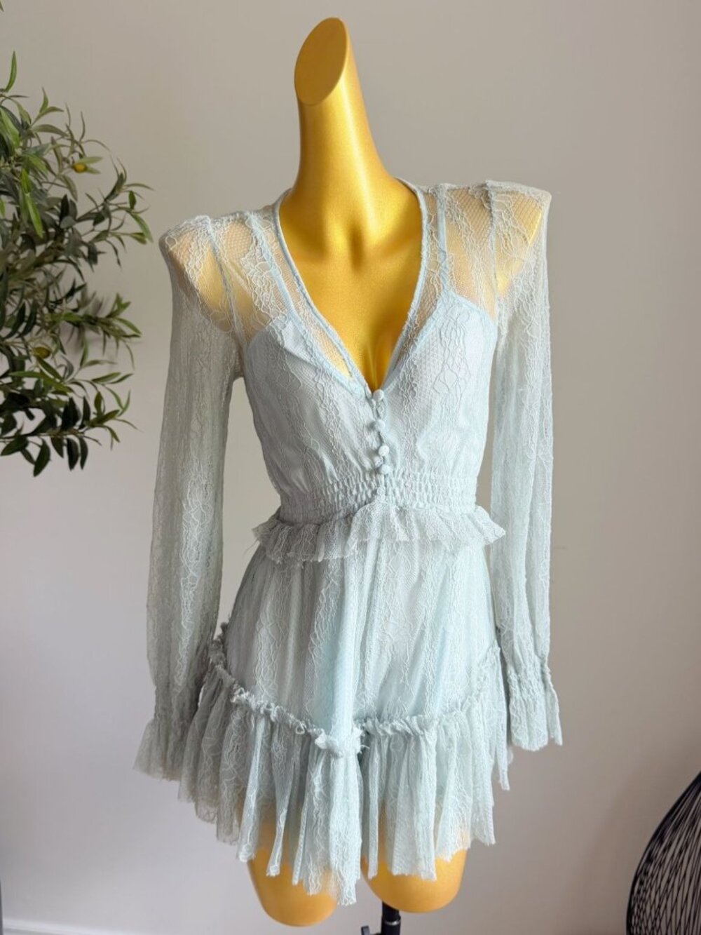 Sage Green Lace Deep V Ruffle Romper Size S